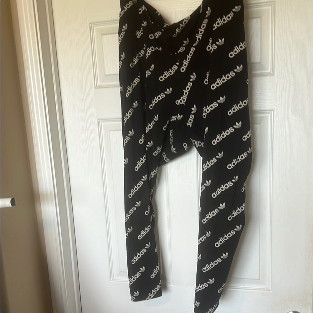 Adidas Black and White Leggings with Diagonal Text Pattern
